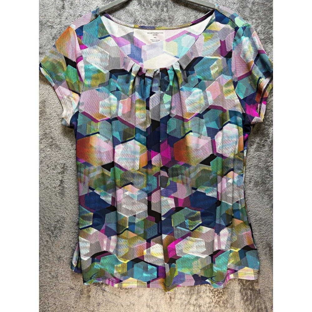 Worthington Multicolor Geometric Polyester Knit Pleated Scoop Neck Blouse PXL